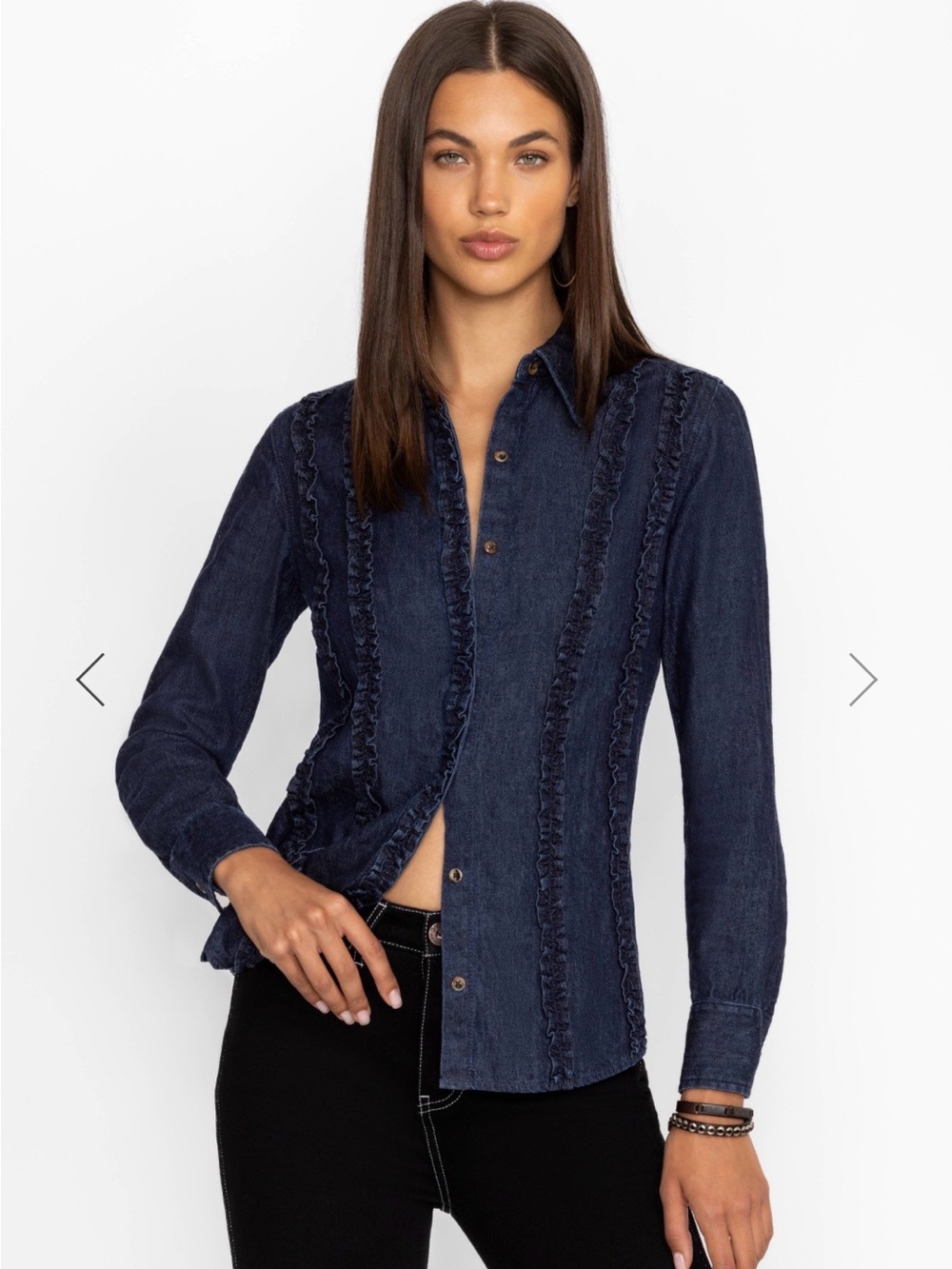 Johnny Was Bordeaux Denim Shirt Deep Blue Wash ruffled trim